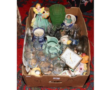 A box of miscellaneous to include T. Lawrence figure, drinking glasses, Noritake, W. Goebel figure of a young girl etc.