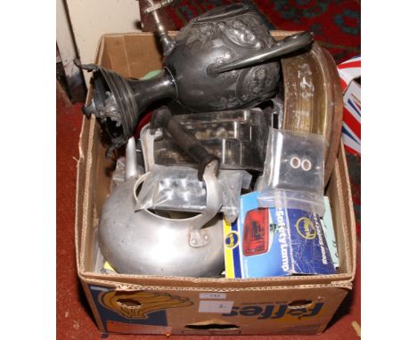 A box of miscellaneous to include vintage hair clippers, light switches, large brass sieve, router bit set, vintage kitchenal