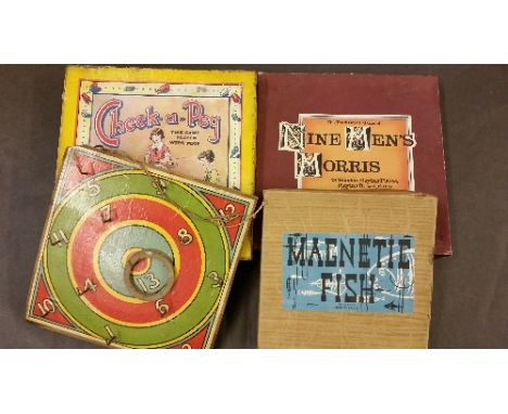 GAMES, vintage selection, Magnetic Fish, Ring Toss board (missing one ring), Nine Men's Morris, Check-A-Peg, some pieces well