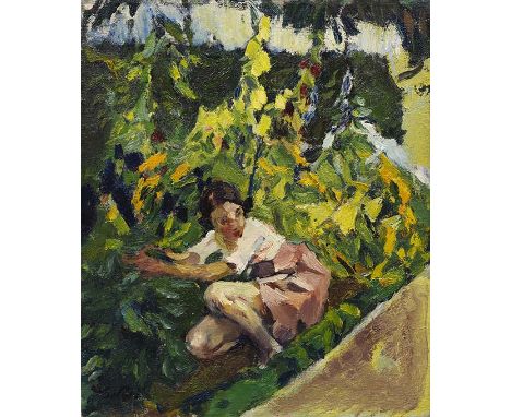 Leo Putz     1869 Meran - 1940 Meran Toni im Blumenbeet. 1924. Öl auf Leinwand.  Putz 812. Links unten signiert. 47 x 39 cm (