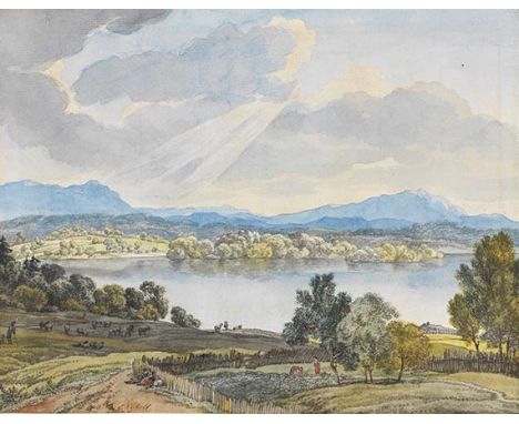 Wilhelm von Kobell     1766 Mannheim - 1855 München Blick über den Staffelsee. Um 1798. Aquarell und Feder.  Links unten nach
