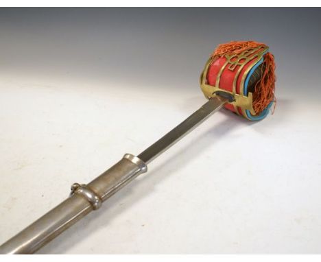 Reproduction basket-hilt sword with unfullered 88cm blade to a brass basket hilt with wire-wrapped grip and tassel within met