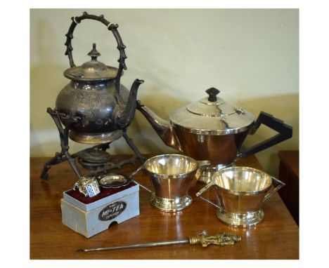 Assorted plated wares to include; Art Deco three piece plated tea service, spirit kettle on stand, 'Mi-Tea' infuser in origin