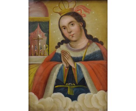 19th Century oil on zinc panel - Study of a Saint standing before a shrine, 34cm x 23cm, framed and glazed   Condition: 