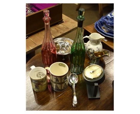 Assorted collectables to include; two flash/cut Hock bottles, one with red stain the other green, together with Wedgwood and 