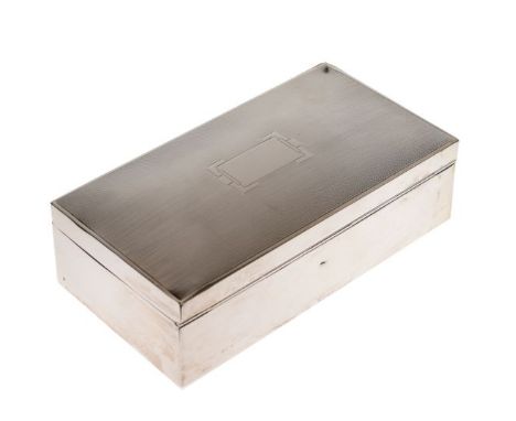 George V silver cigarette box of rectangular form with engine turned cover enclosing two compartments, Birmingham 1934, 16cm 