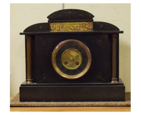 Late 19th Century French black slate cased architectural style mantel clock, the dial with Roman numerals   Condition: 