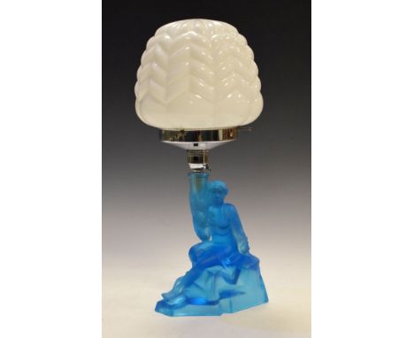 1930's period blue moulded and frosted glass figural table lamp formed as a seated  maiden, with a moulded white glass shade 