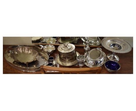 Assorted plated wares, to include; an oval biscuit barrel on stand with swan finial, oval entrée/vegetable dish and cover, ov