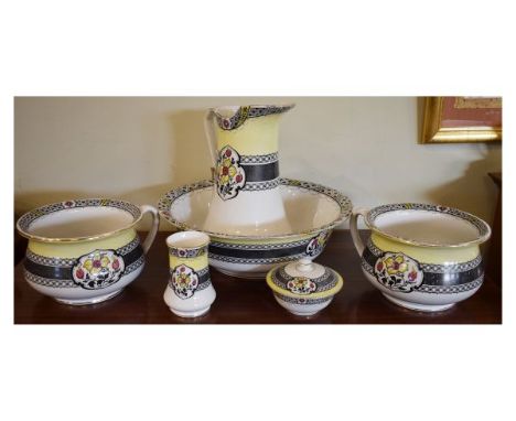 Burleigh Ware six piece transfer printed pottery toilet set comprising: wash hand jug, basin, pair of chamber pots, lidded po