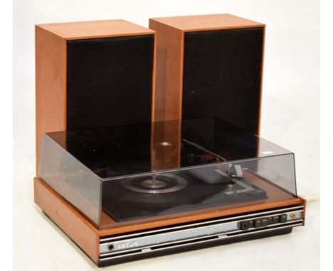 HMV Model 2046 turntable record player, together with a pair of teak-cased speakers (sold as seen) (3)   Condition: 