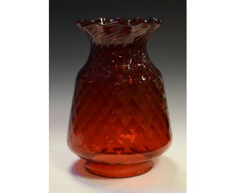 Large cranberry glass paraffin lamp shade with flared wavy neck and 'quilted' effect moulding to body, 31cm high   Condition: