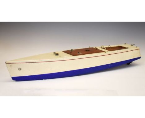 1930's vintage Kellner clockwork model boat, cream-painted above the waterline, blue below, with moving steering wheel, part 