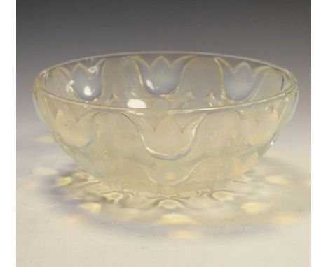 Lalique opalescent glass 'Campanules' bowl moulded with bellflowers, pre-1945 'R. Lalique' signature, 24cm diameter x 9.5cm h