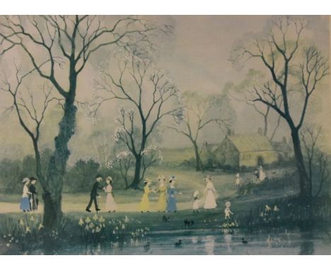 Helen Bradley - Signed coloured print - Going Through The Enchanted Garden, signed in pencil, 27cm x 37cm, framed and glazed 
