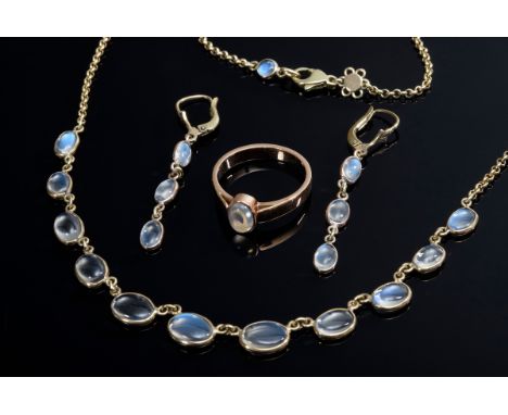 4 Teile GG/RG 585 Mondsteincabochon Schmuck: Ring (Gr. 55), Paar Ohrhänger (L. 4,5cm) und Collier (L. 43,5cm), zus. 13,1g