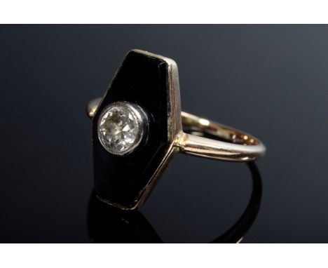 Antiker RG 585 Ring mit Altschliffdiamant (ca. 0,45ct/P3/CR) in Onyxplatte, 3,2g, Gr. 53