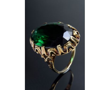 Grosser GG 585 Ring mit facettiertem grünem Turmalin (ca. 14.1ct) in gewellter Umrahmung, 7,2g, Gr. 53, Gutachten GIH Elisabe