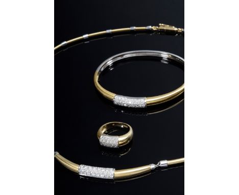 3 Teile GG/WG 750 Schmuckset mit Brillanten (zus. ca. 1.61ct/VSI-SI/W): Collier (L. 42cm), Armreif (Ø 5,4x4,8cm) und Ring (Gr