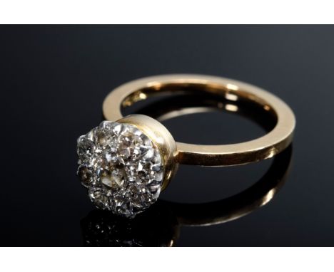 GG 750/Platin 950 Ring mit Altschliffdiamant (zus. ca. 0.90ct/P2/CR-LY) in moderner Mariagearbeit, Goldschmiede B.-S. Henning