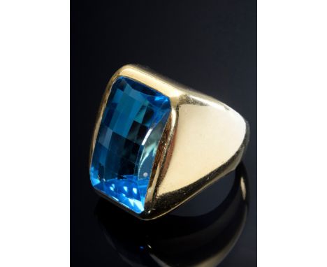 Großer GG 750 Ring mit facettiertem Swiss Blue Blautopas im Schachbrettschliff (ca. 17ct/20x12x10mm), 22g, Gr. 58
