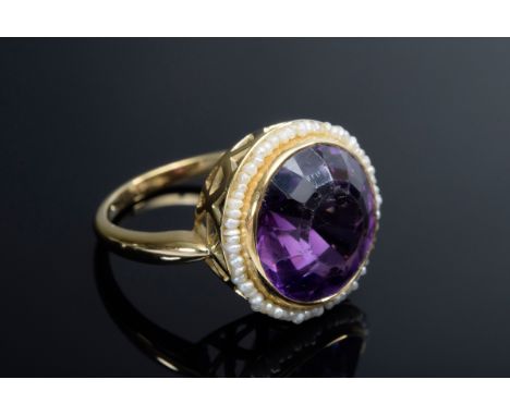 Moderner GG 585 Ring mit rundem Amethyst (ca. 5,5ct, Facettenkanten stark berieben) in einem Saatperlenkranz, 4,7g, Gr. 52