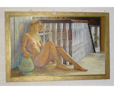 T Barlow, Portrait of a female nude figure with Green Jug, in an Interior, 75 x 22cm, signed oil on canvas, dated 2012. 