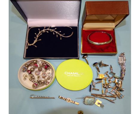 A Chamilia 925-silver bangle, (boxed), twenty-two Chamilia charms, a silver hinged bangle, cufflinks and other items. 