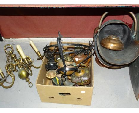 Two copper coal helmets, copper kettles, a brass hanging five-light fitting and other metalware. 