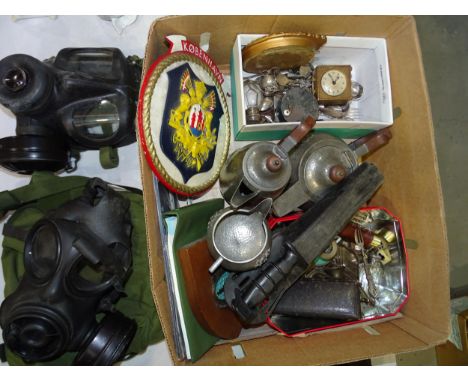 A divers' knife, two Avon gas masks, 1970, 1987, a beaten pewter teapot, hot water jug and milk jug, various plated and other