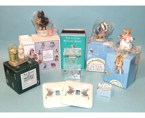 A collection of various Beatrix Potter modern ceramic and other figures, mugs, including Country Artists Benjamin Bunny 100 Y