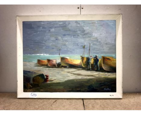 A vintage oil on board depicting  fishing boats entitled 'Winter Gardens Deal', signed Maltby, artist label to rear