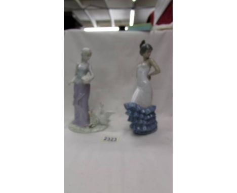 A boxed NAO by Lladro Flamenco dancer and another unboxed and unmarked figure of a lady with a duck.