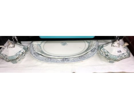 A pair of Staffordshire sauce tureens with ladles and 2 large vintage meat platters