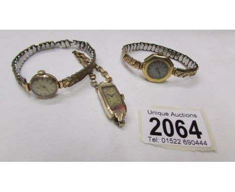 Two 9ct gold head ladies wrist watches (Tissot and Buren) and an unnamed 18ct gold head ladies wrist watch in working order. 