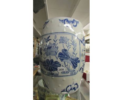 A large blue and white ceramic garden seat. (Collect only)