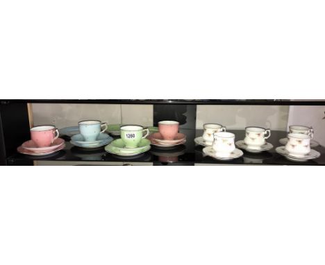 5 Crown Fenton pink rose cups and saucers together with 4 Salisbury gilded spot trios porcelain cups and saucers