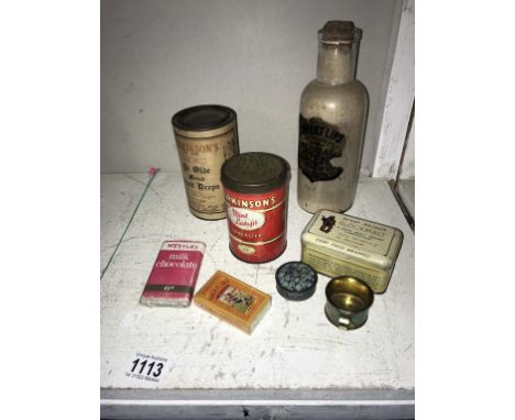 A quantity of vintage Parkinsons sweet tins, Black malt sugar and Sweet lips floral lozenge bottle