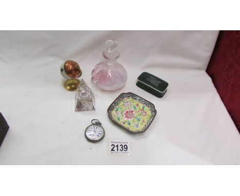 A glass 'Pyramid' inkwell, a globe shaped bridge marker, an enamel tray, a glass perfume bottle and an a/f silver fob watch.