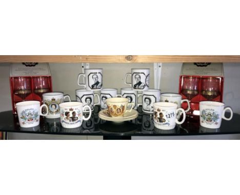 A quantity of Royal commemorative mugs, cups with saucers and a box of Gilded goblets