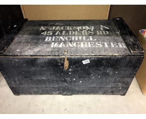 A large vintage pine carpenters tool box and contents including planes, saws etc, lid marked N. Jackson Manchester