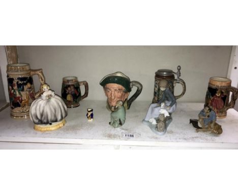 A mixed lot of china pottery including German beer steins, Nao figurine, Doulton character jug etc