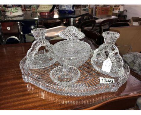 Art deco glass dressing table set with tray, bowl, candlesticks and ring dish ****Condition report**** All pieces in good con