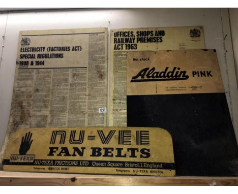 2 vintage ministry of labour and factories act signs and Aladdin pink paraffin sign, Nu-texa fan belt sign, all made of board