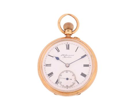 An 18ct gold open-face pocket watch, by J.W Benson, featuring a keyless wound movement, signed Benson Ludgate Hill, with a gl