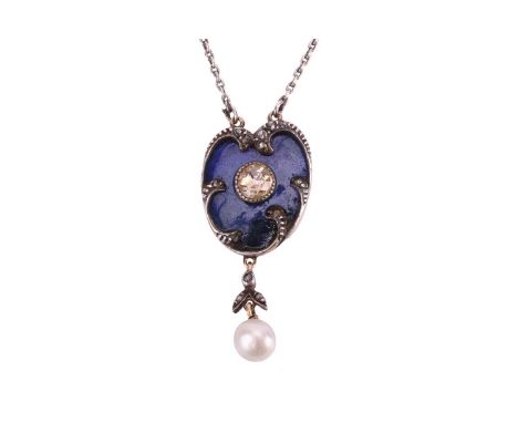 A Victorian diamond, pearl and enamel drop pendant, of stylised heart design, the blue enamel plaque centrally-set with a ros