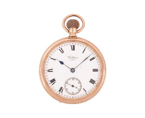 A 9ct gold Waltham open-face pocket watch, with a keyless wound movement marked A.W.W.Co, a 4.2cm white enamel dial featuring