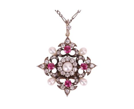 A diamond, ruby and natural pearl pendant on chain, of quatrefoil form, centred with a round pearl of 5.2 mm within a frame o