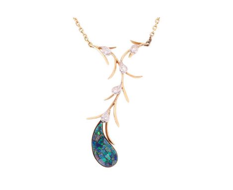 A gem-set necklace in 18ct gold of feather form, featuring a teardrop-shaped composite mosaic opal, to a branching surmount a