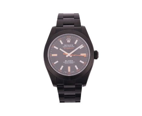 RolexOyster MilgaussReference: 116400GV – ‘customized by Blaken’Serial: 2CH87685, engraved to rehautBezel: Smooth, PVD coated
